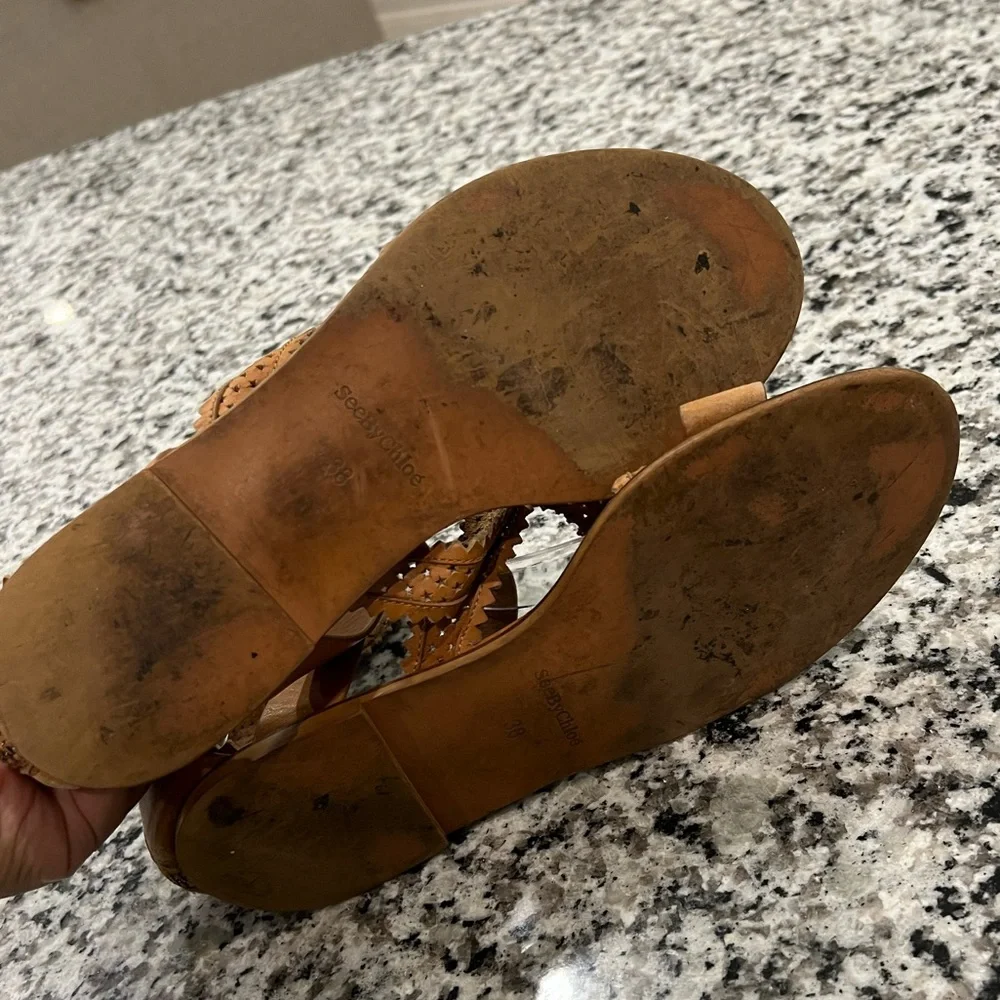 See by Chloe Brown Leather Star Perforated Flat Gladiator Sandals - Picture 14 of 16